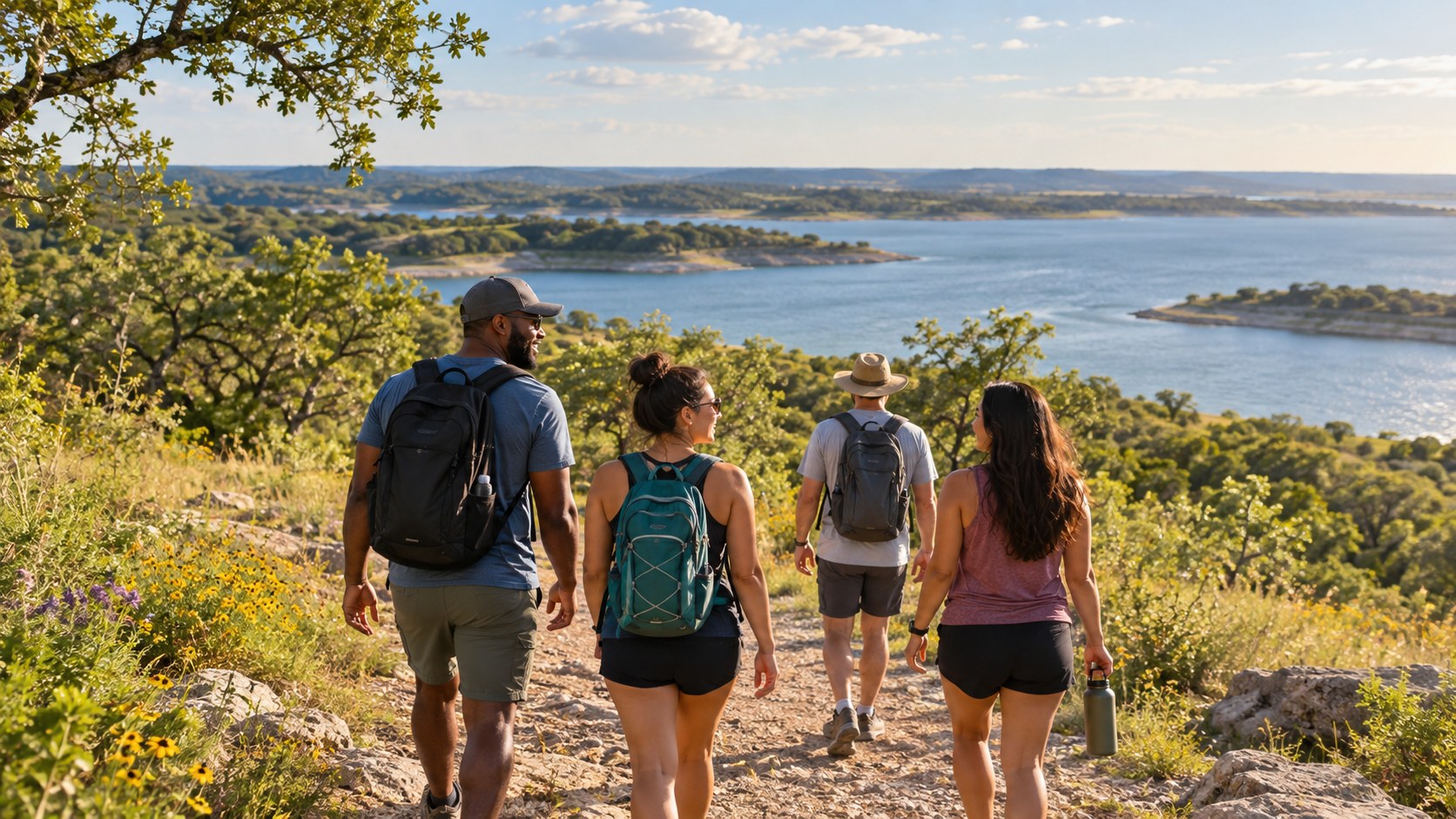 Friends on a lakeside trail